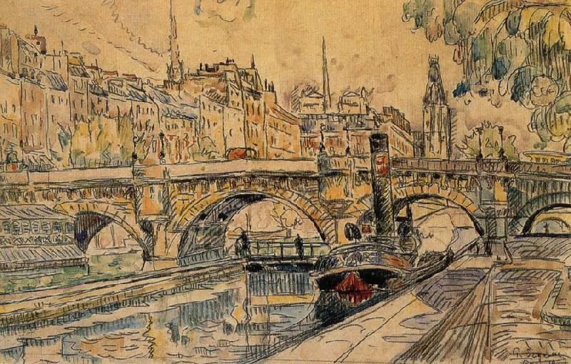 Paul Signac Bridge tug France oil painting art